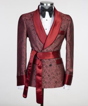 Red black belt breasted suit for men