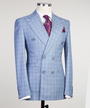 Blue check breasted suit for men
