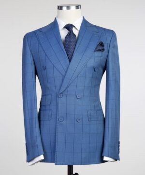 dark Blue check breasted suit for men